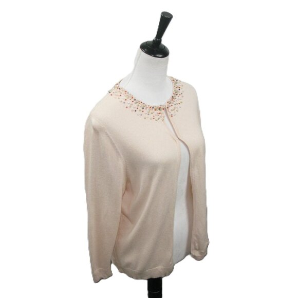 Field Manor Peach Beaded Neckline Silk Blend Cardigan Size Large - Picture 1 of 6